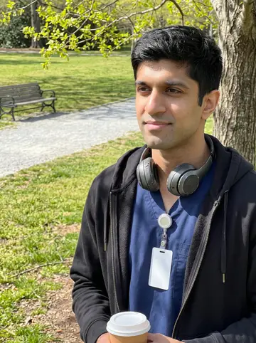 Shreyas, AI character: outside an Atlanta hospital ambulance-bay coffee cart after morning handoff, glass doors and spring trees…