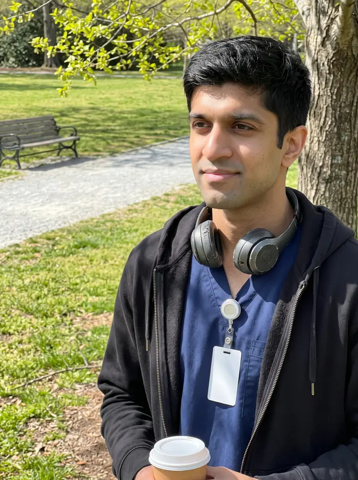 Shreyas, AI character: outside an Atlanta hospital ambulance-bay coffee cart after morning handoff, glass doors and spring trees…