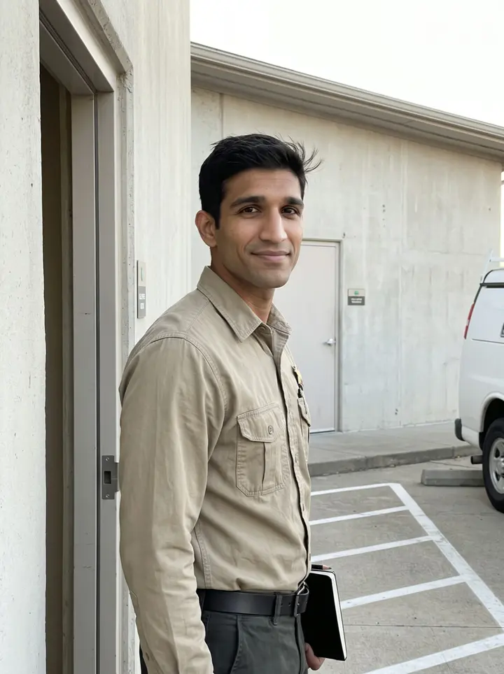 Salman, AI character: outside a Houston fire marshal field office after a site visit, standing in the doorway with late sun on…