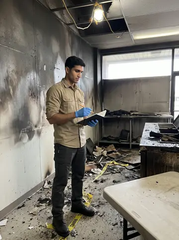 Salman, AI character: inside the taped-off shell of a small Houston strip-mall kitchen after a minor fire, standing near a…
