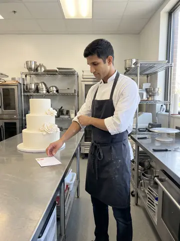 Salman, AI character: a rented commercial baking kitchen on a Saturday morning, with a partly decorated three-tier wedding cake…