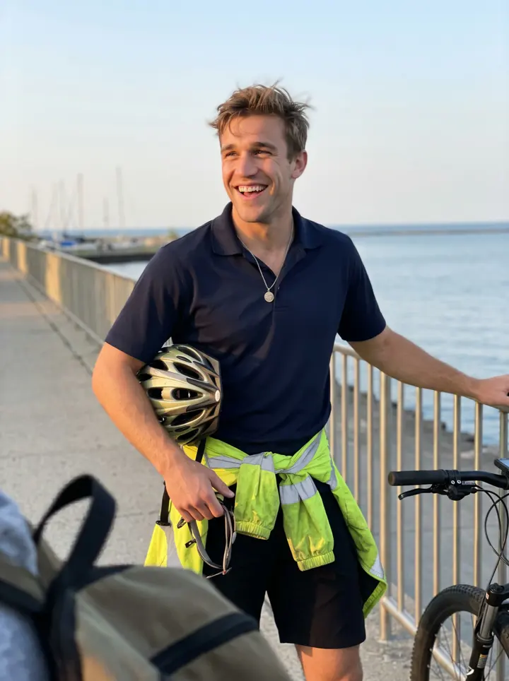 Marek, AI character: the lakefront trail near Montrose Harbor at the end of his shift, leaning against the railing next to his…