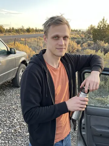 Vadim, AI character: a gravel pullout off Highway 97 south of Bend, juniper and dry sagebrush behind him, his old gray pickup…