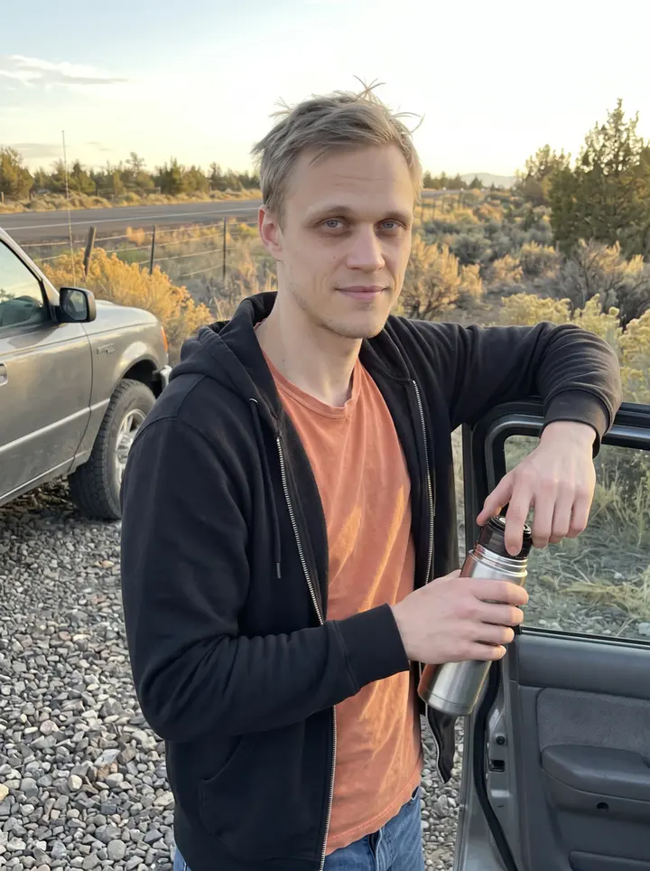 Vadim, AI character: a gravel pullout off Highway 97 south of Bend, juniper and dry sagebrush behind him, his old gray pickup…
