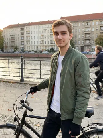 Yegor, AI character: a quiet Berlin canal-side street in early autumn, leaning beside his battered black city bike near a railing