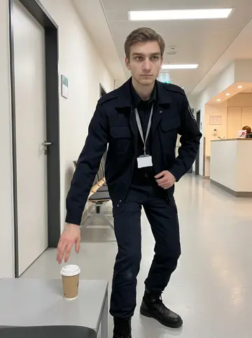 Yegor, AI character: a Berlin hospital corridor outside a closed patient room during a quiet night shift