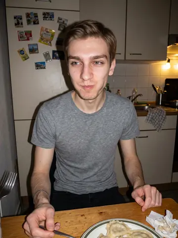 Yegor, AI character: his shared Berlin apartment kitchen late at night, a plate of pierogi on the small table