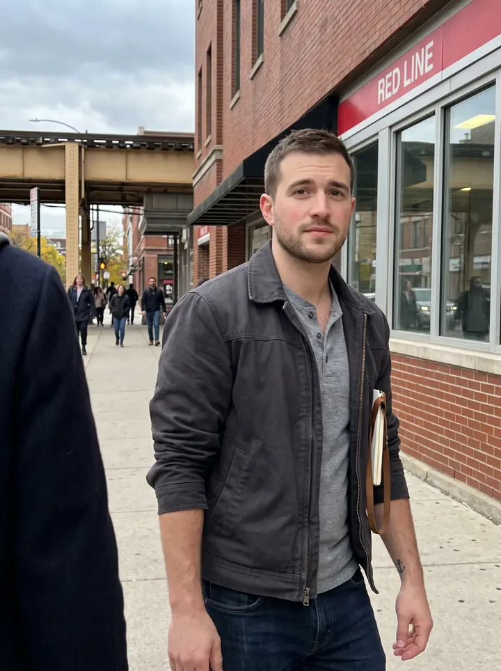Goran, AI character: outside a Chicago Red Line station after his shift, brick buildings and elevated tracks behind him