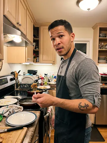 Goran, AI character: his aunt's kitchen on a Sunday evening while family cooks cevapi nearby