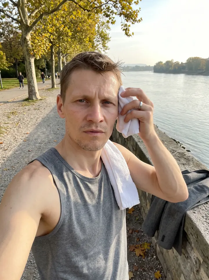 Petr, AI character: the Danube riverside path in Linz near the water, leaning on a low stone wall after an evening walk