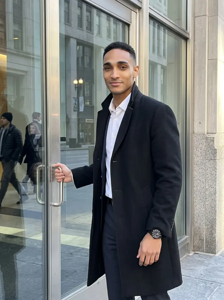 Rome, AI character: outside the LaSalle Street office tower entrance in the Loop, glass doors behind him and pale winter sun…