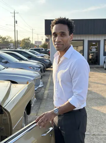 Trevon, AI character: the front row of his family used car dealership in Memphis, standing beside the open door of the 1972…