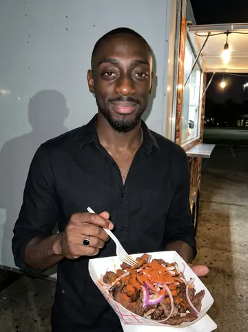 Seyi, AI character: a late-night suya stand in a Midtown Houston parking lot after closing the club