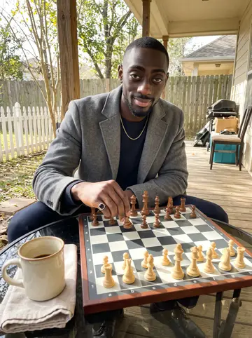 Seyi, AI character: his father's back porch in Houston on a Sunday afternoon, a chessboard on the small patio table between them