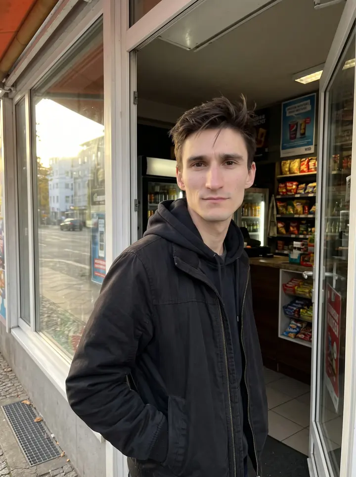 Philipp, AI character: outside one of his Berlin corner kiosks just before the evening rush, leaning against the doorframe with…