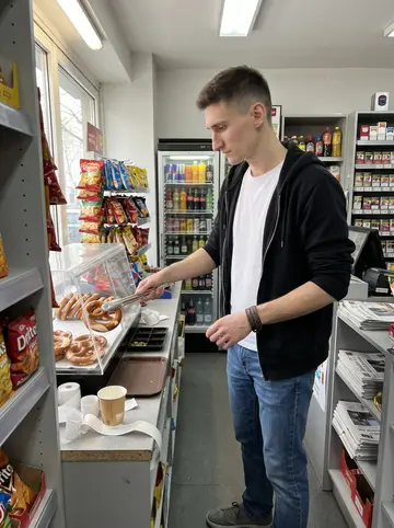 Philipp, AI character: inside a small Berlin kiosk in the morning, narrow aisles of snacks, drinks, newspapers and cigarette…