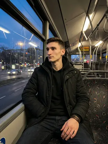 Philipp, AI character: upper deck of a Berlin night bus near the end of the line, mostly empty seats and dark city windows around him