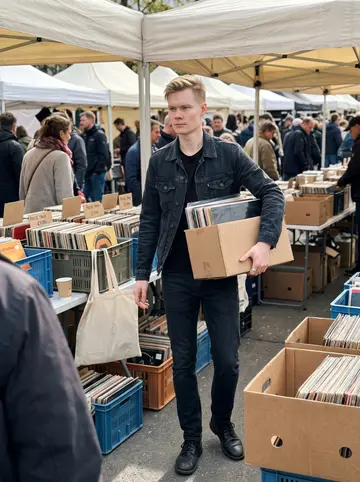 Ole, AI character: a Sunday outdoor record market near St