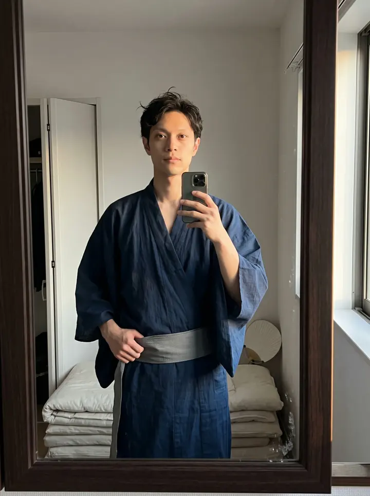 Takeshi, AI character: in front of his small nine-seat ramen shop on a quiet side street, shoulder against the door frame beside…