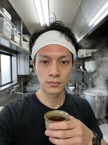Takeshi, AI character: the narrow back kitchen of his ramen shop in the early morning, stainless steel counters, a row of stacked…