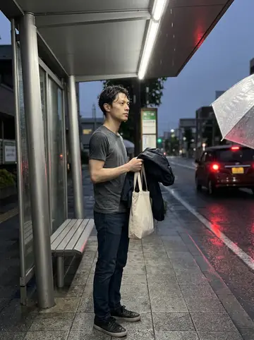 Takeshi, AI character: the counter of a late-night noodle shop with steamed-up windows, he sits on a stool in front of a bowl of…