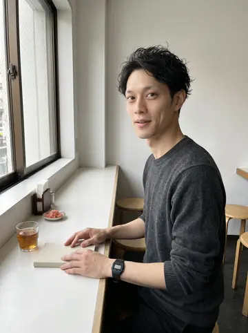 Takeshi, AI character: a riverside path near his apartment just after the rainy-season rain, wet pavement, green bushes dripping,…