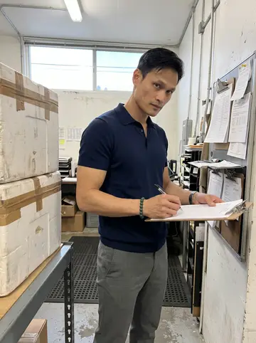 Rommel, AI character: inside the family cold storage office, beside a clipboard station and stacked insulated cartons near the…