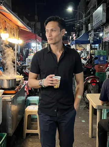 Rommel, AI character: a Manila night market lane with food stalls, plastic tables, steam from soup pots, and motorbikes passing…