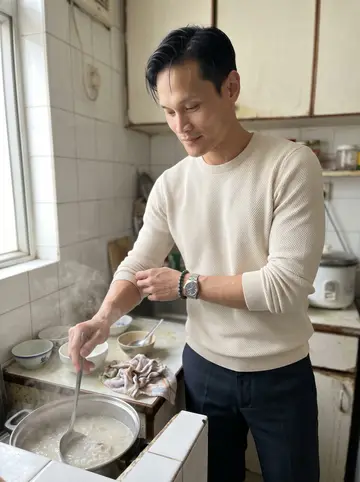 Rommel, AI character: his grandmother's apartment kitchen on a Sunday morning, with a rice cooker, congee pot, and small bowls…