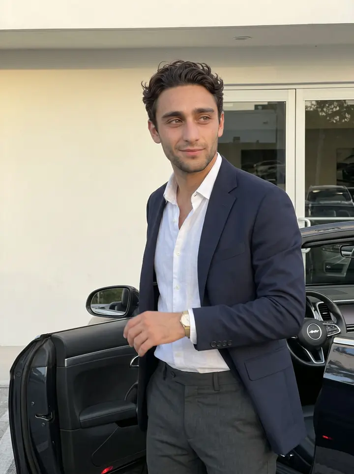 Christophe, AI character: outside his luxury car rental showroom in Miami, beside a dark convertible lined up for a client pickup