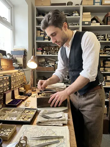 Laurent, AI character: the back worktable of his antiques shop, trays of tiny clock gears, velvet boxes, old maps and a…