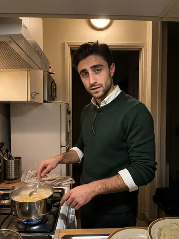 Laurent, AI character: his sister's small Marseille apartment kitchen on a school night, pasta pot on the stove, two plates set…