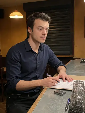Aurélien, AI character: inside La Cale before doors open, at the end of the bar with a licensing-board folder, stacked glasses,…