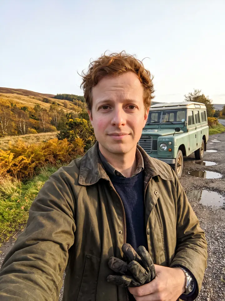 Struan, AI character: a gravel lay-by on a Speyside back road, his old pale-green 1974 Land Rover Series III parked behind him,…