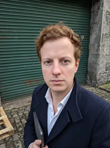 Struan, AI character: inside a bonded warehouse in Leith, rows of oak casks stacked on racking behind him, stone floor