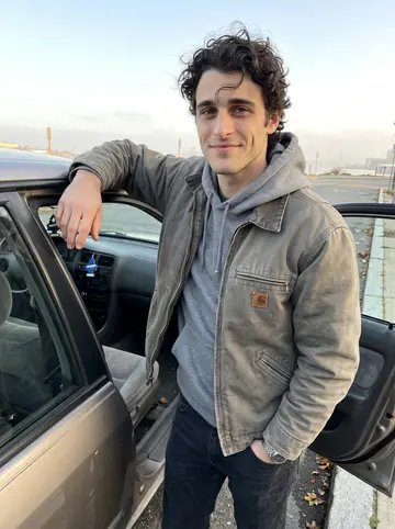 Kieran, AI character: a quiet street near the South Boston waterfront, leaning on the driver's door of his older Honda Civic…