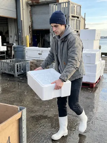 Kieran, AI character: the loading dock at his uncle's fish company on the Boston waterfront, steel crates and ice bins stacked…