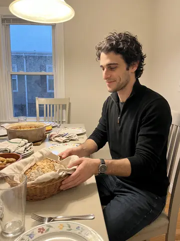 Kieran, AI character: his uncle's South Boston dining room, a Sunday dinner table with a casserole dish, a basket of soda bread…