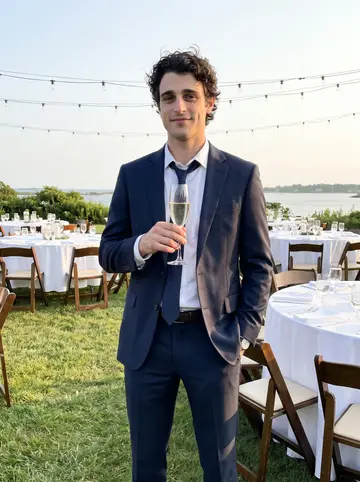 Kieran, AI character: the outdoor lawn of a cousin's wedding reception near the water south of Boston, string lights not yet…