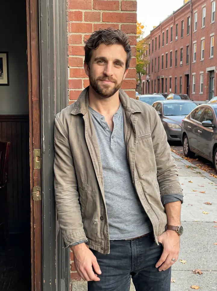 Barry, AI character: outside his Dorchester pub during a quiet early evening break, standing in the open side doorway with…