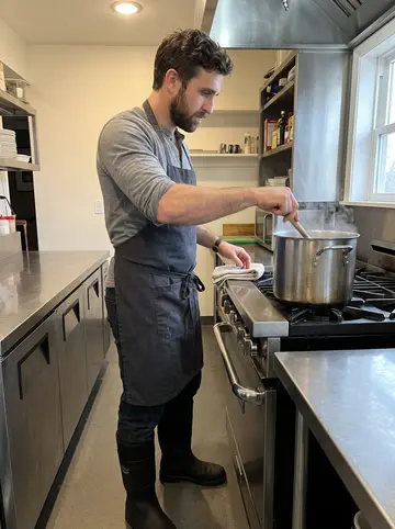 Barry, AI character: the pub kitchen before opening, next to a stockpot of Thursday beef stew on the stove