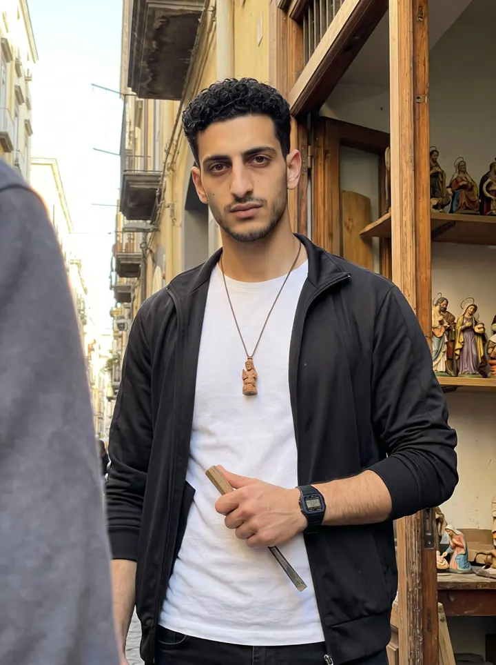 Renzo, AI character: the open wooden door of his late grandfather's workshop on Via San Gregorio Armeno in Naples, small…