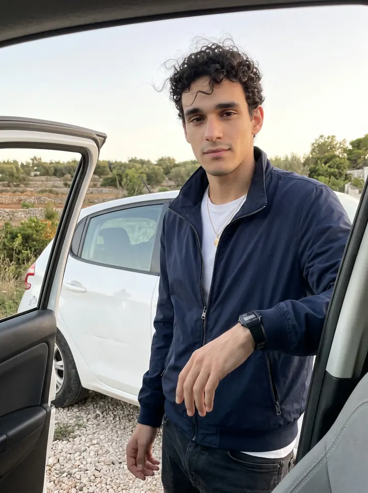 Raffaele, AI character: a gravel lay-by on the coast road below Ostuni at the end of a Sunday, his dented white Fiat Panda parked…