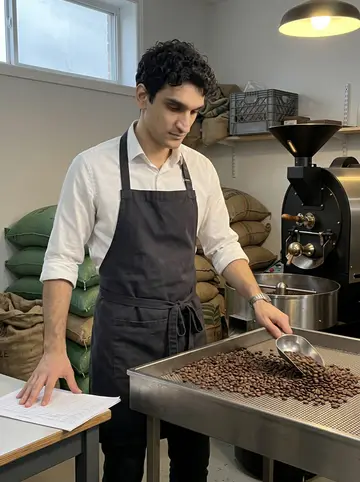 Gennaro, AI character: inside the back room of the roastery beside a small drum roaster and stacked green coffee bags