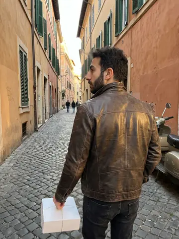 Nunzio, AI character: the driver's seat of his white cab at night, a rosary hanging from the rear-view mirror, lit streets of…