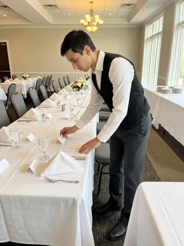 Tancredi, AI character: inside the main banquet room before service, long tables set with white tablecloths, place cards and…