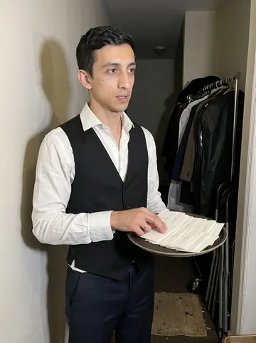 Tancredi, AI character: a narrow coat-check hallway during a Brooklyn winter wedding, garment bags and stacked chairs behind him