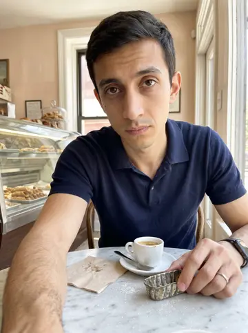 Tancredi, AI character: a small Italian pastry shop in Carroll Gardens, espresso cup and cannoli shells on a marble table