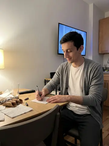 Tancredi, AI character: his Brooklyn apartment kitchen table, napkins covered in imaginary seating charts, old cannoli molds, and…