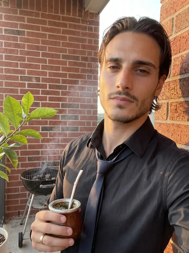 Ezequiel, AI character: the balcony of his Montrose apartment in Houston, a potted lemon tree beside him, a small charcoal grill…